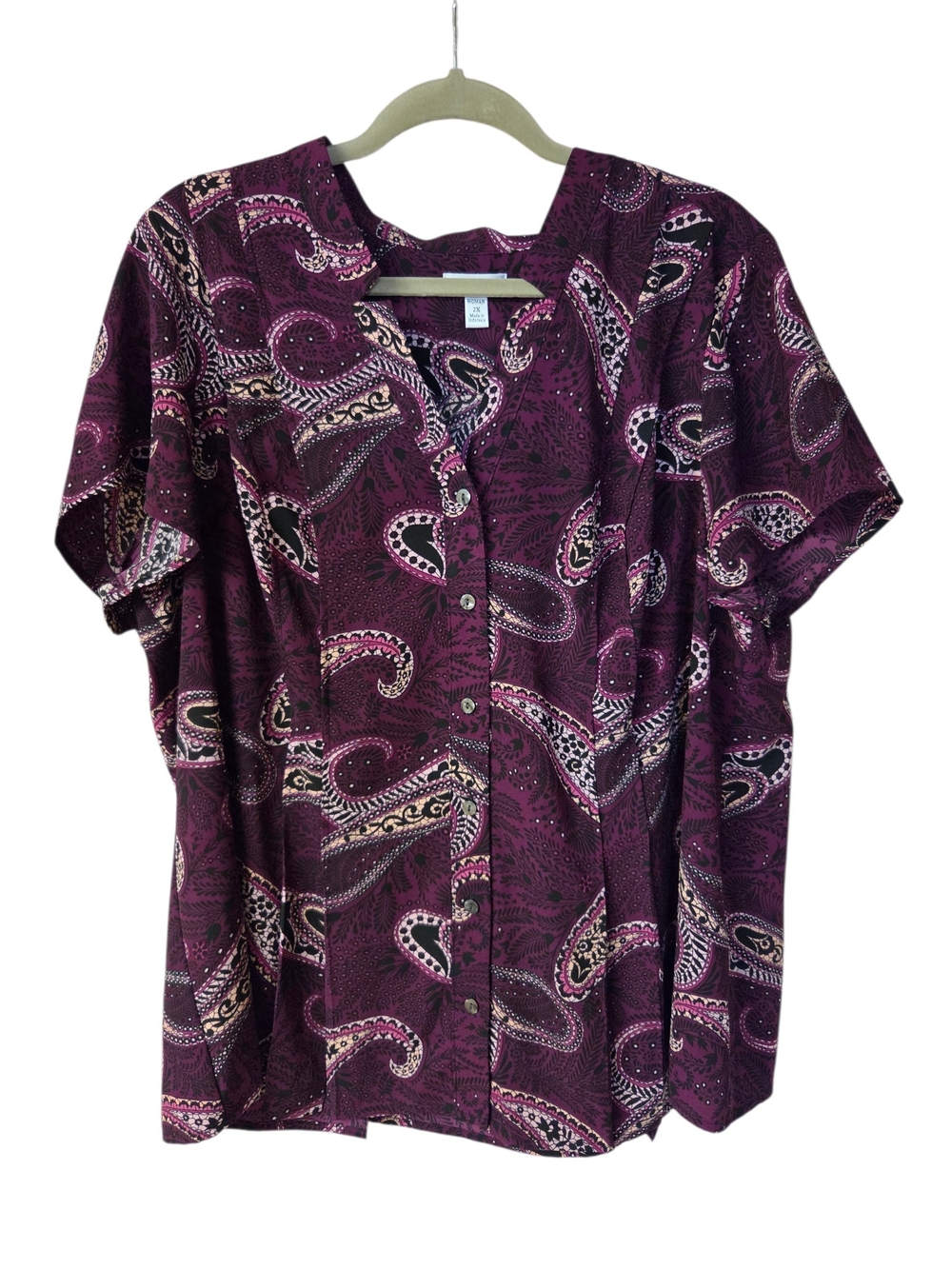 2X Purple Paisley V-Neck Button-Up Pleated Blouse Short Sleeve